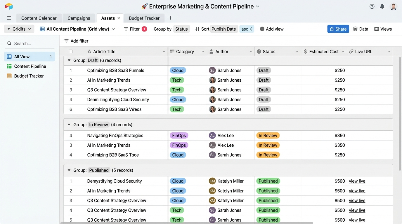 Airtable Relational Database Grid View with Filter and Grouping