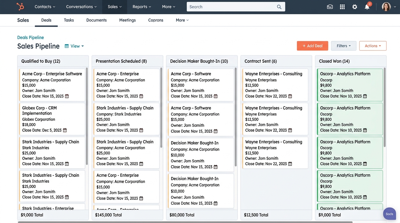 HubSpot Sales Hub Deals Pipeline Kanban Board Interface