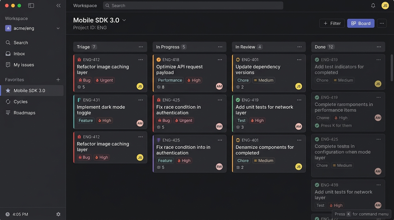 Linear Issue Tracking Cycles and Sprint Board Interface
