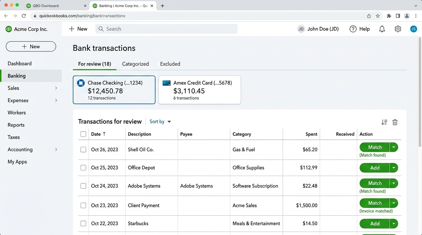 QuickBooks Online Live Bank Transactions Reconciliation Screen