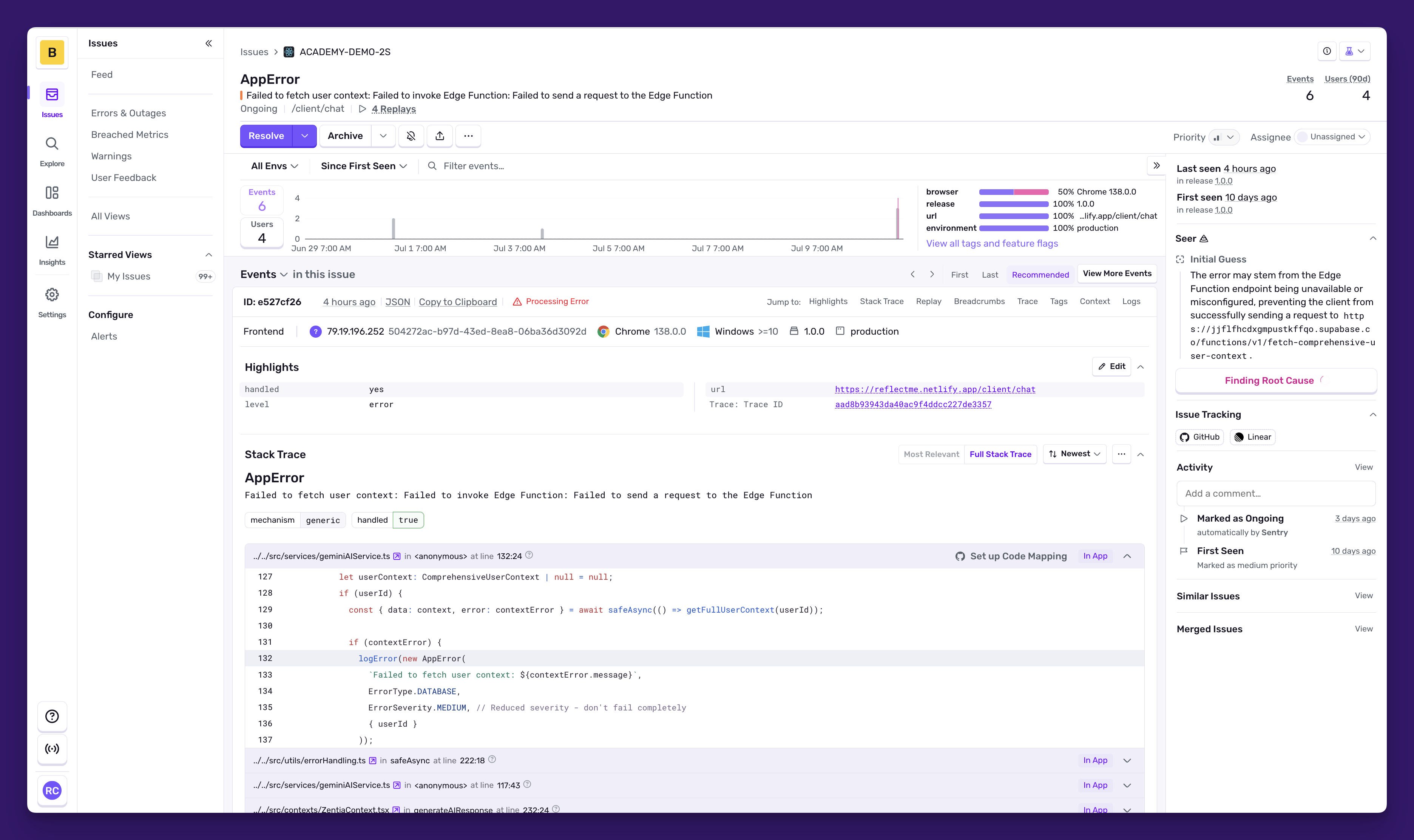 Sentry Error Monitoring Issue Details and Stacktrace Resolution Interface