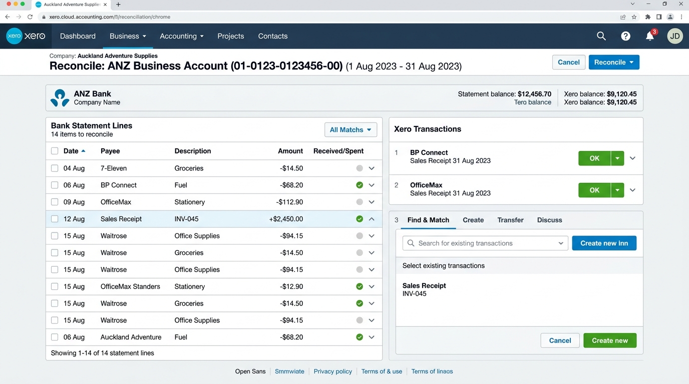 Xero Live Bank Reconciliation Side-by-Side Interface